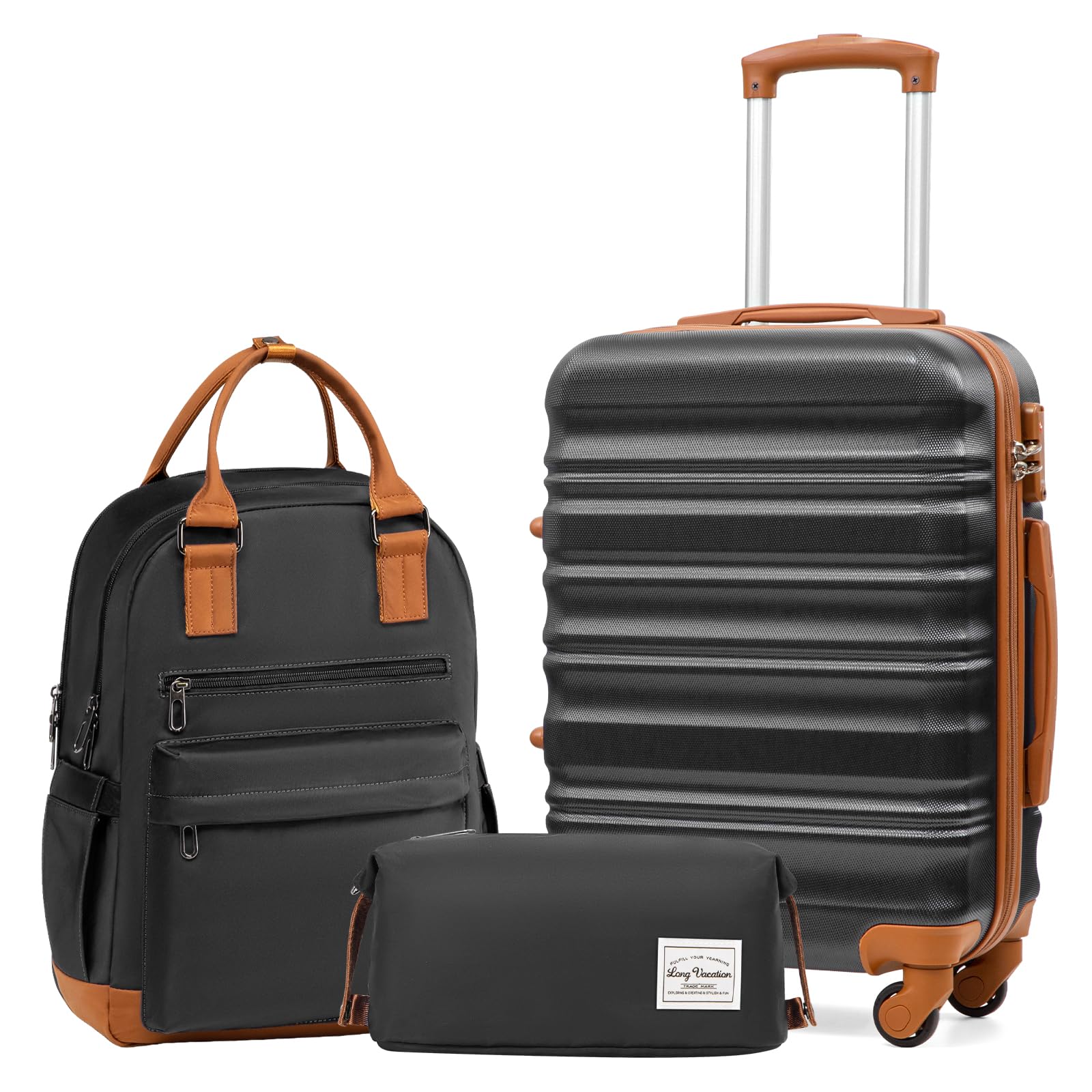LONG VACATION 6 Piece Luggage Set Carry on Suitcase with ABS+PC hardshell, Spinner Wheels & YKK Zipper TSA Lock (WHITE-BROWN, 6 piece set)