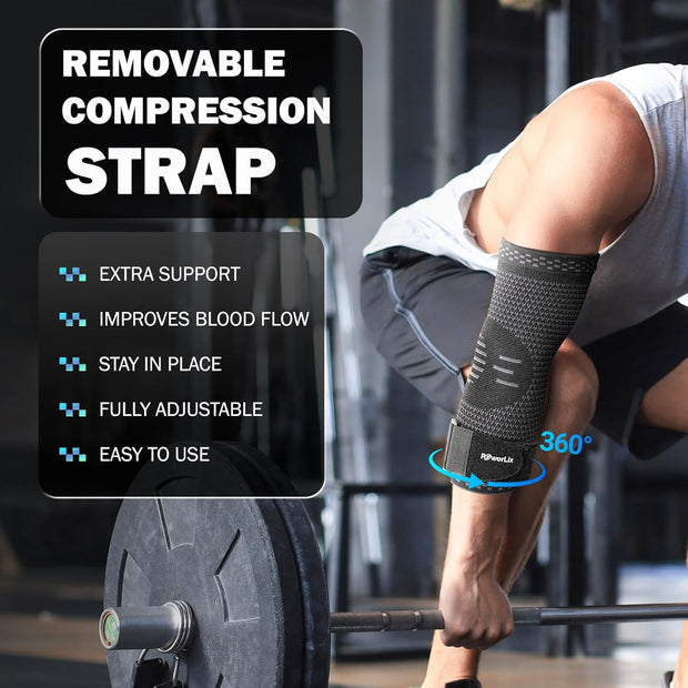 POWERLIX Elbow Orthopedic Brace Compression Support (Pair) - Elbow Sleeve for Tennis, Golfer’s, Bursitis, and Sprains, Arthritis, Tendonitis. Pain Relief(Black, L)