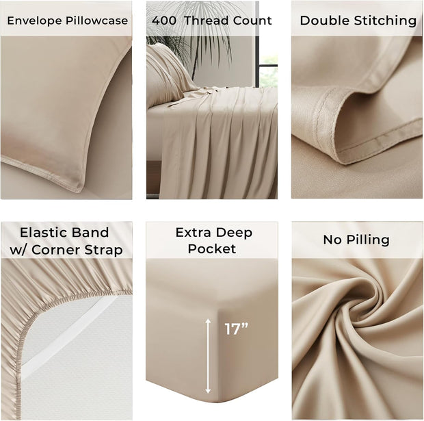 Luxury Bamboo Market | Queen Size Bed Sheet Set | 100% Viscose Made from Bamboo | Organically Grown | Ultra Soft | Cooling Sheets for Hot Sleepers | 17" Deep Pocket [Dune]