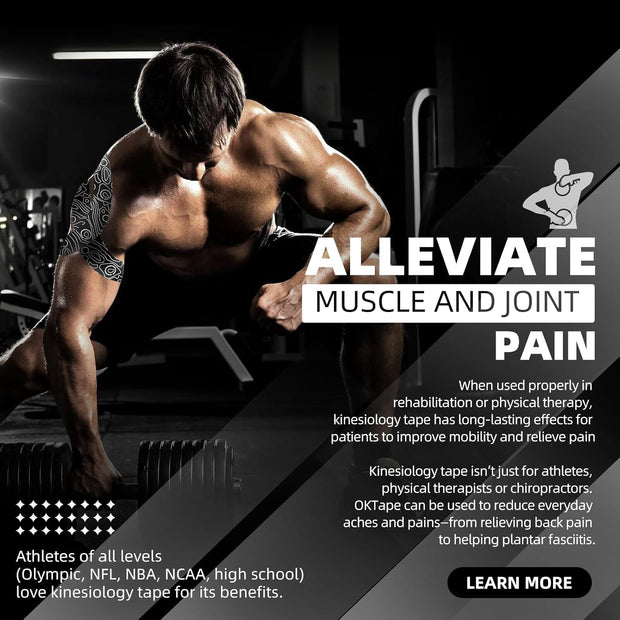 OK TAPE PRO Kinesiology Tape Uncut Roll, Elastic Physical Therapy Athletic Tape for Pain Relief, Muscle Support, Kinetic Tape, Water Resistant, 2in X 16.4ft -Black Gray