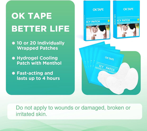 OK TAPE Cooling Patch for Knee Pain & Sprain, Soft Gel Patch with Menthol and Hydrogel Tech, Instant Relief from Discomfort, 10 Count (5.5in x 3.5in)