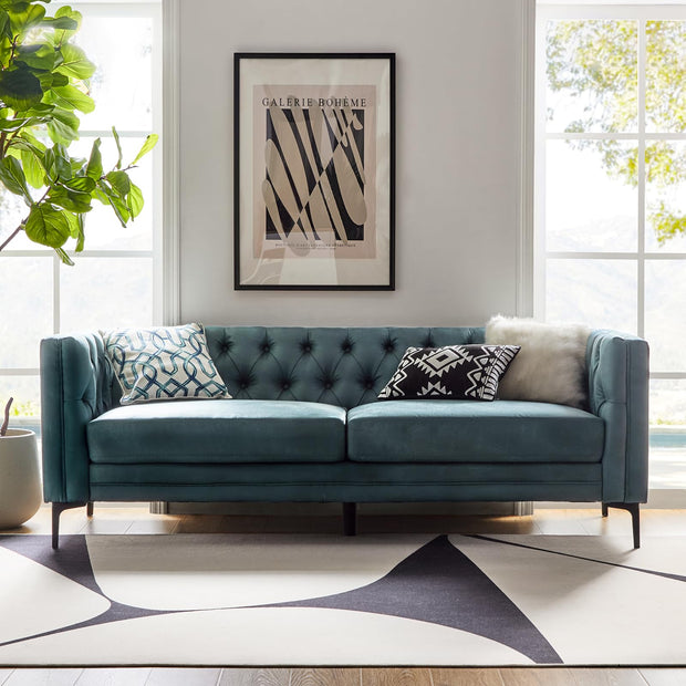 HULALA HOME 84" W Faux Leather Sofa Couch with Metal Legs, Button-Tufted 3-Seater Sofa, Mid Century Modern Upholstered Couch for Living Room, Entertainment Area, Apartment,Camel