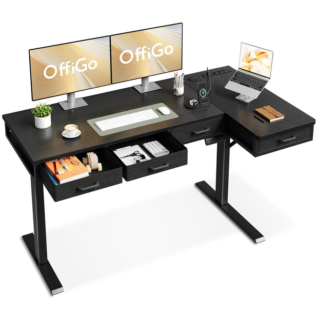 63 Inch L Shaped Electric Standing Desk with Drawers, Height Adjustable Large Desk with Power Outlets, Sit Stand Table, Writing Computer Desk for Home, Office, Workstation, Rustic Brown