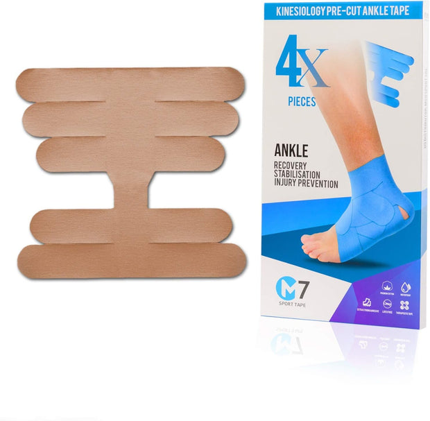 M7 Sport Kinesiology Ankle Tape for Ankle Sprain and Injury Recovery, Kt Tape for Ankle, Pain Relief Therapeutic Tape, Plantar Fasciitis, Waterproof, Eases Swelling (Beige, 4-Pack)