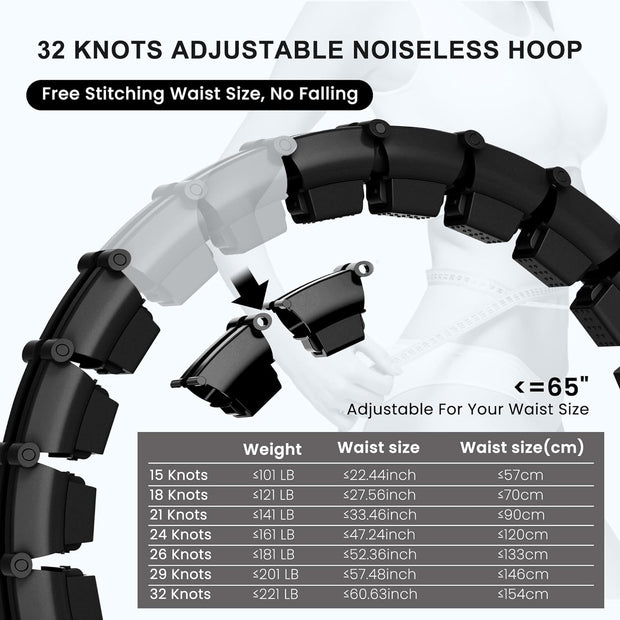 Plus Size Silent Weighted Hula Infinity Fitness Detachable Hoops 65-Inch 32 Knot, Smart Noiseless Infinity Hula for Women, 2-in-1 Waist and Abdominal Home Workout Equipment