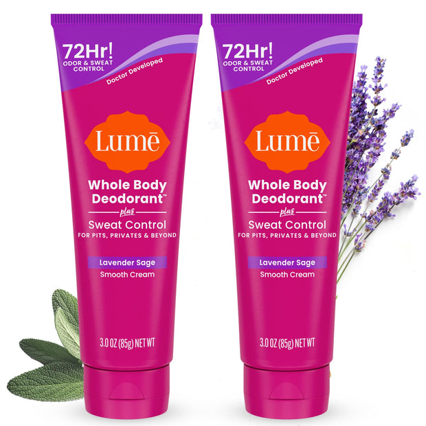 Lume Whole Body Deodorant Plus Sweat Control - Smooth Cream Tube - 72 Hour Odor And Sweat Control - Baking Soda Free, Skin Loving - 3.0 ounce (Pack of 2) (Soft Powder)