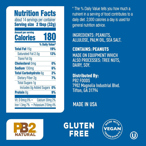 PB2 Natural Creamy Peanut Butter | All Natural Peanut Butter Spread | Healthy, Naturally Sweetened with Zero Added Sugar, Certified Gluten Free, Vegan (1-Pound Jar)
