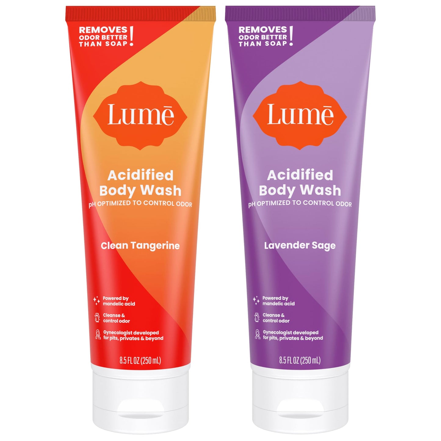 Lume Acidified Body Wash - 24 Hour Odor Control - Removes Odor Better than Soap - Moisturizing Formula - Formulated Without SLS or Parabens - OB/GYN Developed - 8.5 ounce (Clean Tangerine)