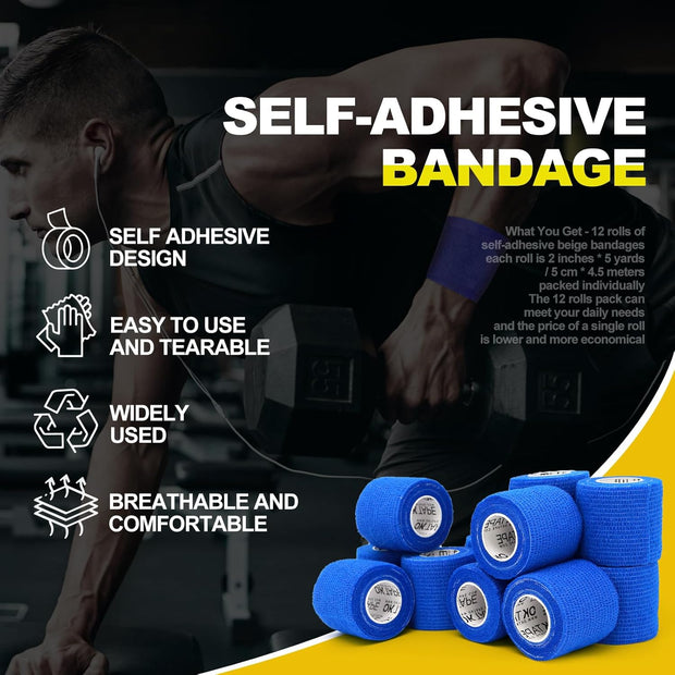 OK TAPE 12 Rolls Self Adhesive Bandage Wrap, Elastic Athletic Tape, Self Stick Bandage Tape, Vet Wrap, Medical Wrap for Wrist, Feet, 2" x 5 Yards - Black