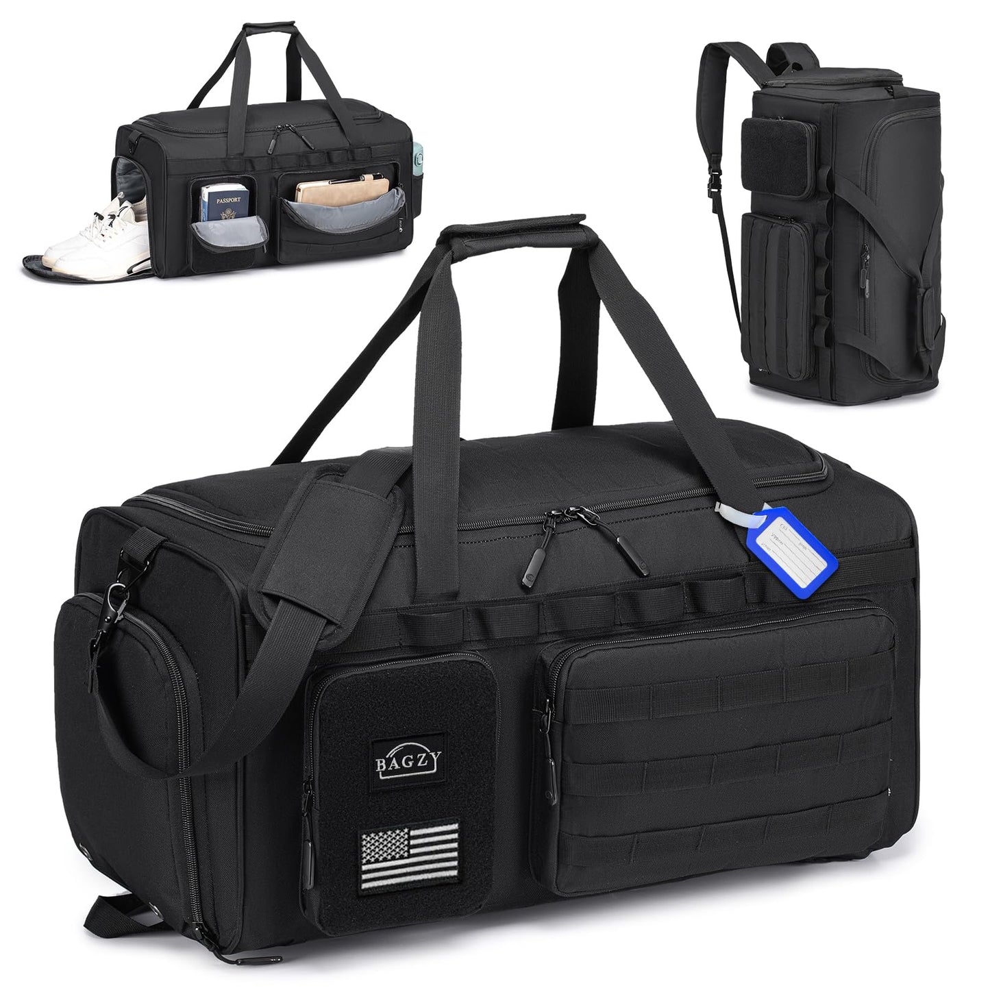 BAGZY 3 In 1 Tactical Military Travel Duffle Bag 40L with Shoe Compartment Gym Bag Backpack for Fitness Weekender Deployment Workout Black
