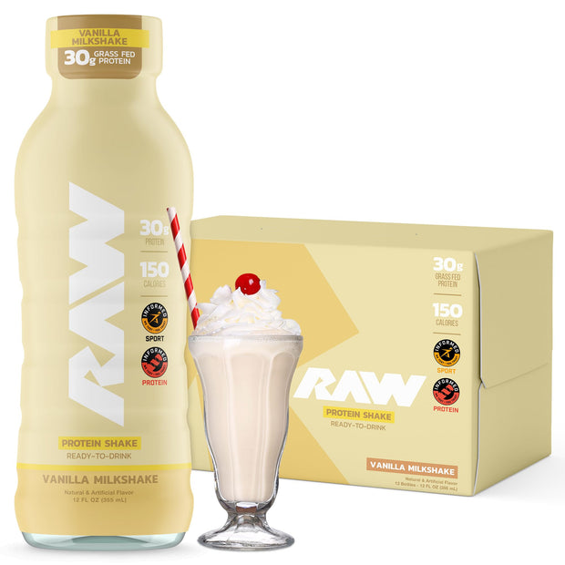 RAW Ready-to-Drink Protein Shake, Chocolate - RTD Protein Drinks with Grass-Fed Whey Protein Isolate for Post-Workout - Zero-Sugar & Gluten-Free Meal Replacement Drink & Breakfast Shake, 12 Fl Oz