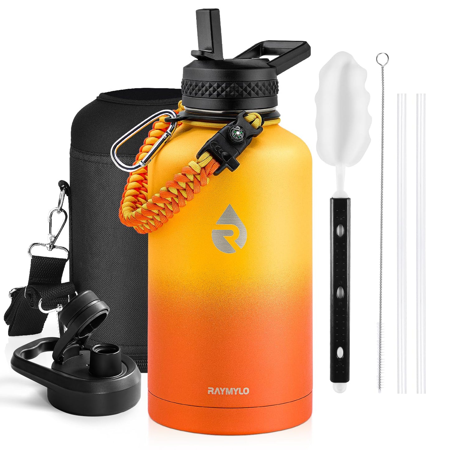 Insulated Water Bottle 64 oz, Triple Wall Vacuum Stainless Steel (Cold for 48 Hrs), Leak Proof & Non-BPA, Half Gallon Water Flask Jug with Paracord Handle & Straw Spout Lids, Magic Black