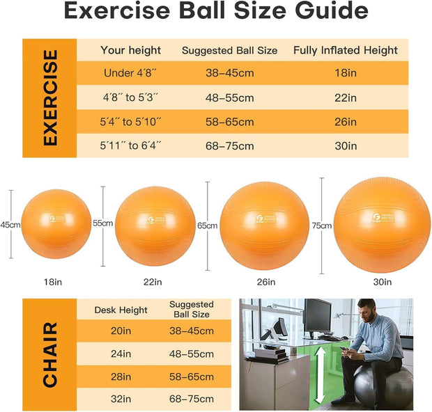 Yoga Ball, 18-30 Inch Extra Thick Exercise Ball for Workout Fitness Balance, Anti Burst Chair for Home and Office Desk, Includes Hand Pump & Workout Guide Access