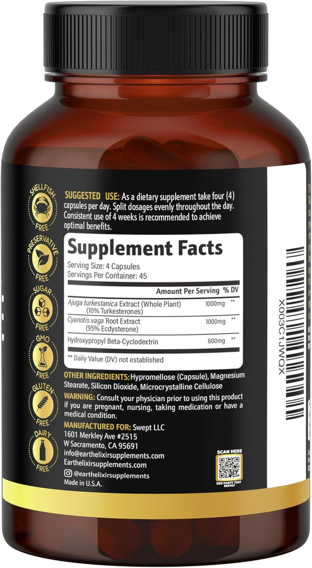 Turkesterone & Ecdysterone – Natural Testosterone Support, 2-in-1 High Potency Turkesterone Supplement for Men & Women with 95% Beta Ecdysterone - Made in USA & 3rd Party Tested - 180 Capsules