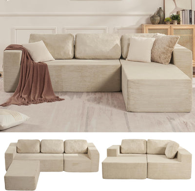 106" Cloud Sectional Couch, Left/Right Facing Convertible Sofa with Deep Seat, L-Shape Modular Upholstered Foam Couch for Living Room Bedroom, No Assembly Required (Corduroy Fabric, Beige)