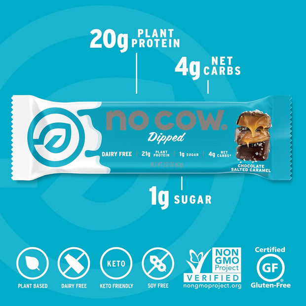 No Cow High Protein Bars, Chocolate Salted Caramel - Healthy Snacks, 20g Vegan Protein, High Fiber, Low Sugar, Keto Friendly, Dairy & Gluten Free (12 Count)