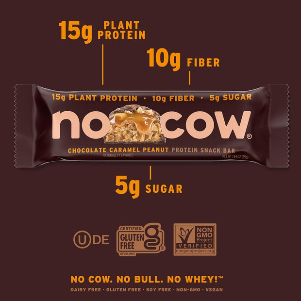 No Cow Vegan Protein Bars with Low Sugar & High Protein, 15g Plant Based Protein & 10g Fiber Snacks for On-the-Go Nutrition & Post-Workout, Gluten-Free, Dairy-Free(Chocolate Caramel Peanut, 12 Count)