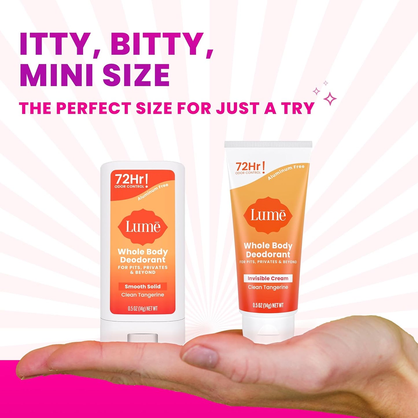 Lume Whole Body Deodorant - Invisible Cream + Solid Stick Mini Bundle - 72 Hour Odor Control - Aluminum & Baking Soda Free, Skin Loving - 0.5 Ounce Each - Travel, Trial Size Minis (Clean Tangerine)