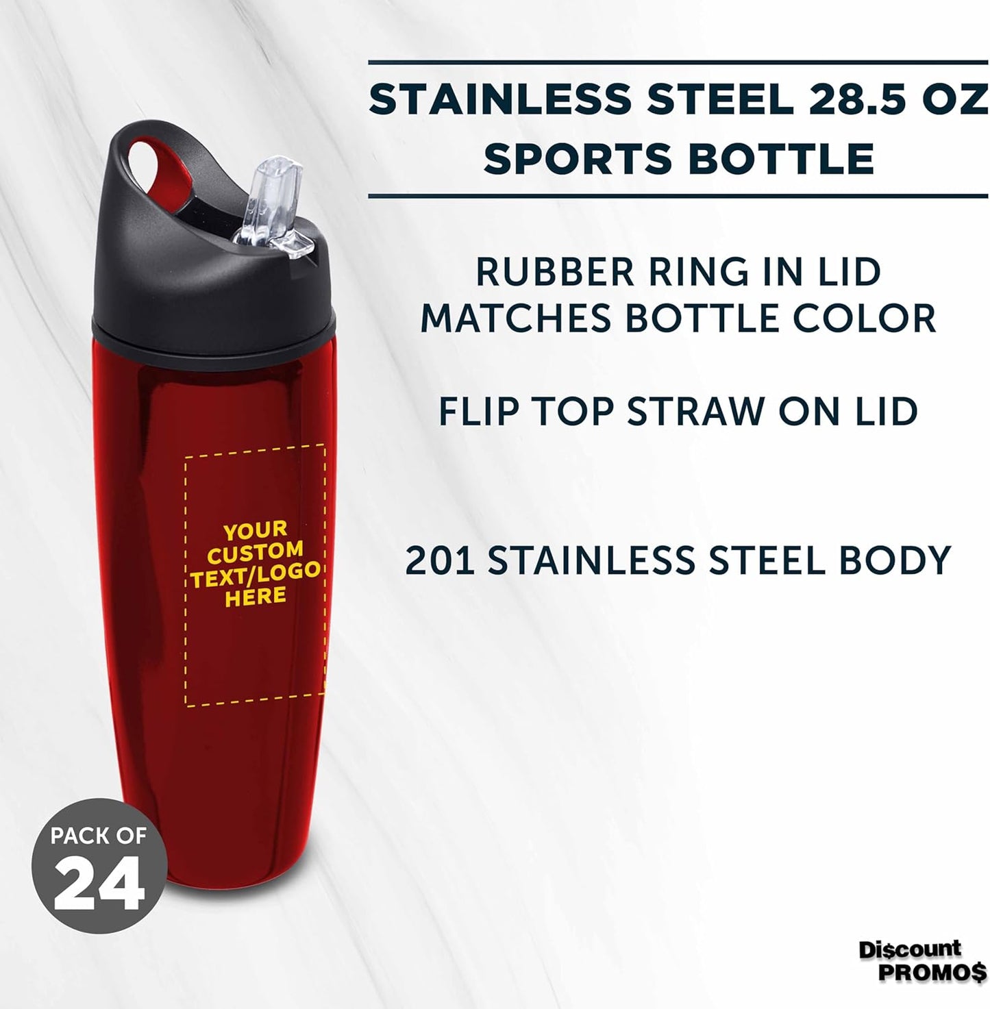 DISCOUNT PROMOS Custom Stainless Steel Water Bottle, 24 pack, Personalized Text, Logo, 28.5 oz Metal Sports Bottles with Flip Top, Easy Carrying, Red