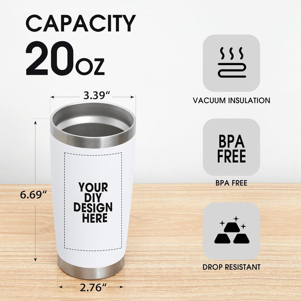 Personalized Custom Tumbler Print in USA 20oz Stainless Steel Coffee Cup with Lid & Straw Double Wall Insulated Tumbler with Colorful Text Logo Photo