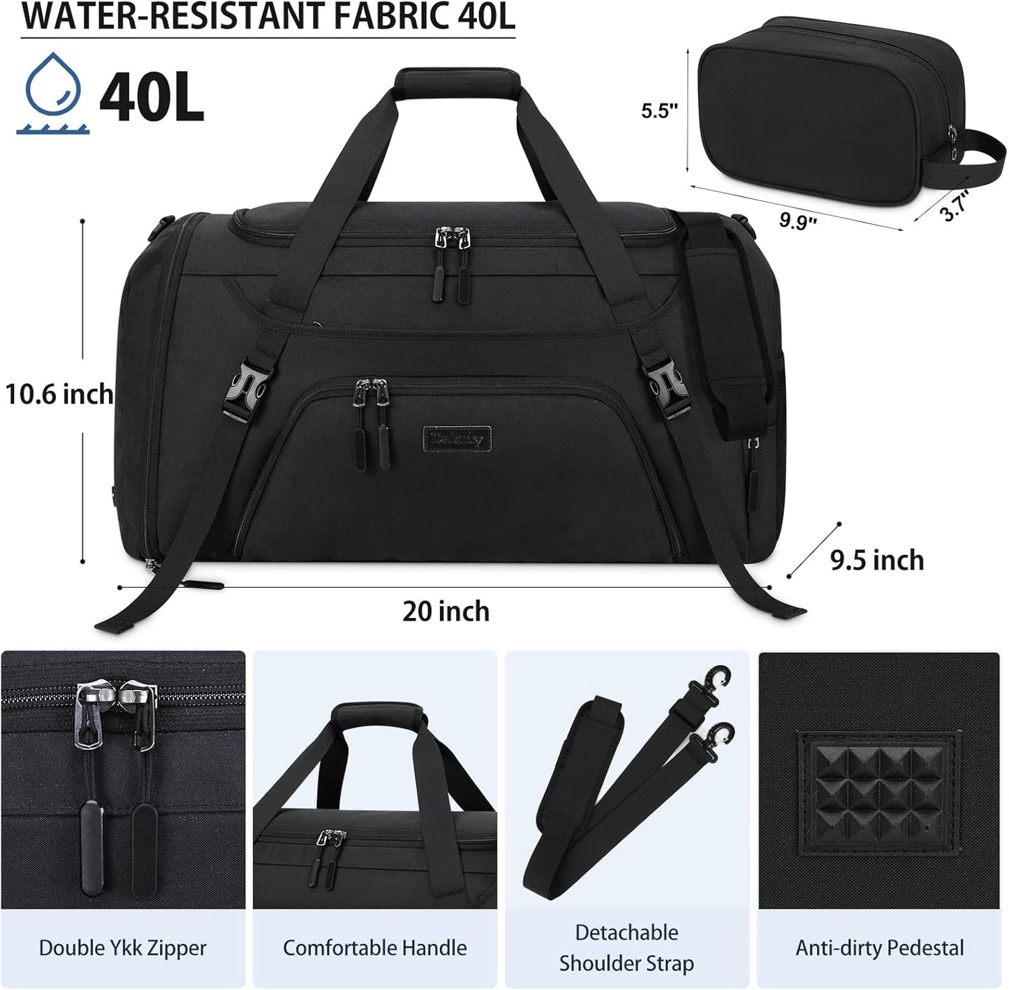 Gym Duffle Bag for Women Men 40L Waterproof Sports Travel Duffel Bags with Shoe Compartment,Wet Pocket Large Weekender Overnight with Toiletry Bag,Black