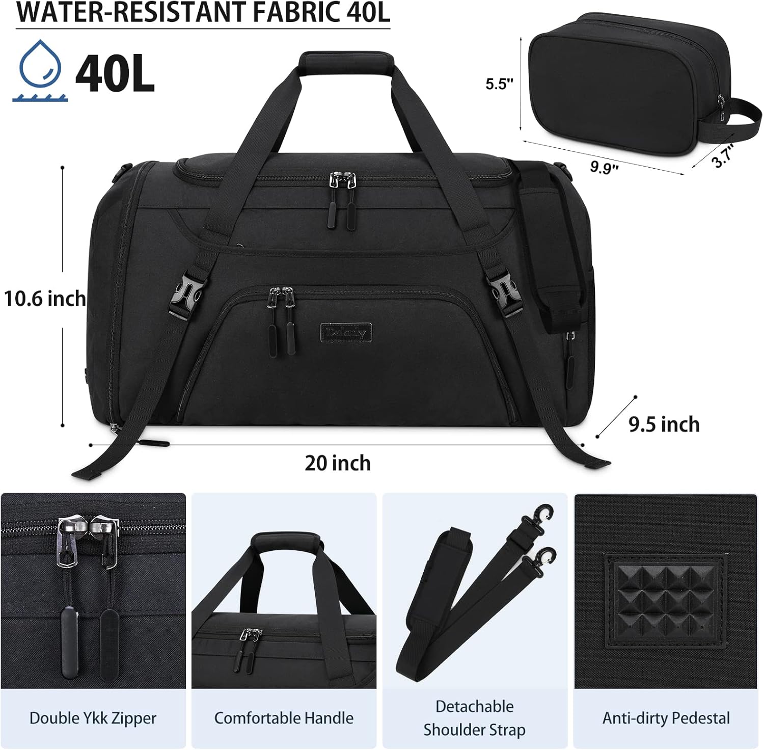 Gym Duffle Bag for Women Men 40L Waterproof Sports Travel Duffel Bags with Shoe Compartment,Wet Pocket Large Weekender Overnight with Toiletry Bag,Black