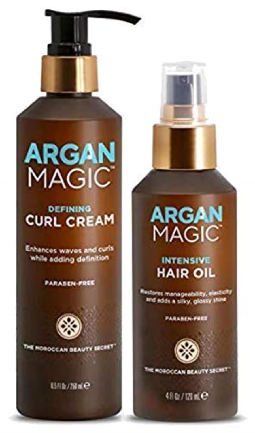 Argan Magic Defining Curl Cream & Hair Cream Oil Combo Pack - Enhances Waves & Curls, Adds Definition | Restores Manageability | Adds Silky, Glossy Shine | Made in USA | Paraben Free (8.5 oz / 4 oz)