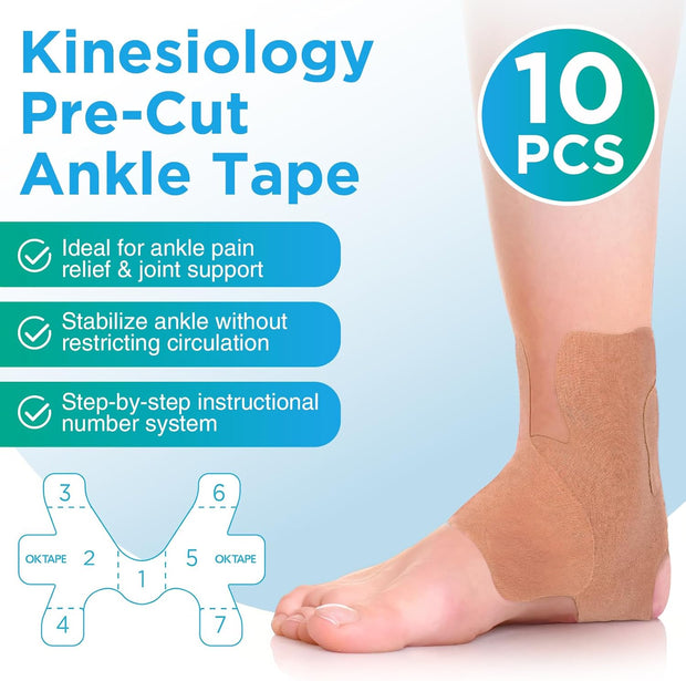 OK TAPE Precut Kinesiology Ankle Tape, 10 Pcs, Pain Relief, Prevent Ankle Sprain, Provide Support for Ankle Ligament, Elastic Athletic Tape, Breathable K Tape for Daily use - Beige