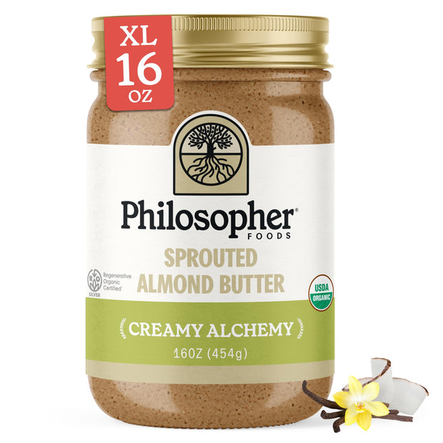 Philosopher Foods - Naked Creamy Organic Sprouted Almond Butter - 16 oz - Stone Ground Regenerative Organic Creamy Almond Nut Butter No Sugar Added