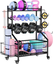 WUC Dumbbell Rack, Adjustable Weight Rack for Home Gym Storage for Dumbbells Kettlebells Yoga Mat & Balls, All in One Workout Equipment Storage Rack with Wheels, Powder Coated Steel, Black