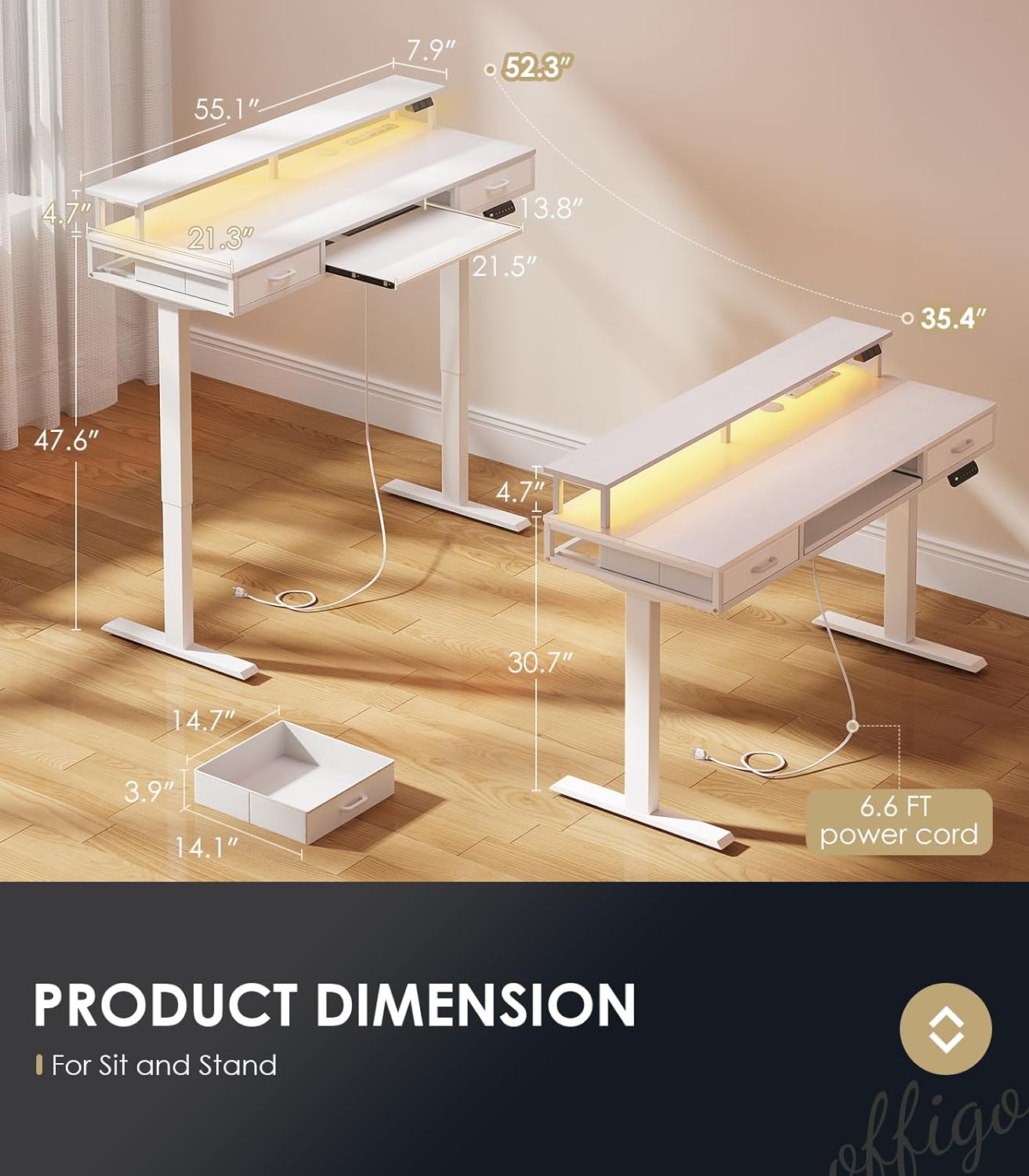 Electric Standing Desk with Drawers & Keyboard Tray, 55 Inch Height Adjustable Desk with Power Outlets & LED Lights, Sit Stand Table with Monitor Stand for Home, Office, White