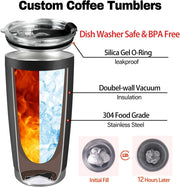 Personalized Coffee Tumbler with Picture Text Logo, Custom 20oz Insulated Stainless Steel Travel Mug with Lids, Personalized Birthday Gifts for Women Men, Custom Coffee Tumbler Cup