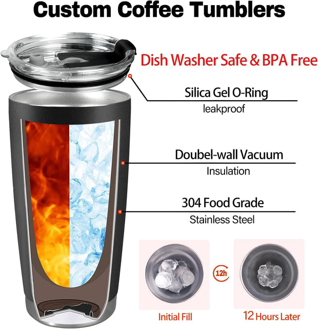 Personalized Coffee Tumbler with Picture Text Logo, Custom 20oz Insulated Stainless Steel Travel Mug with Lids, Personalized Birthday Gifts for Women Men, Custom Coffee Tumbler Cup