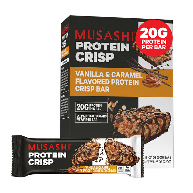 MUSASHI Protein Crisp Bar, 20g Protein, 4g Total Sugars, Chocolate & Peanut, Post Workout and Snack On The Go, 12 Pack of 2.1oz (60g) Bars