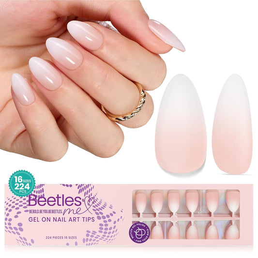 Beetles Ombre Press on Nails: 224 PCS Short Almond Gel Nail Tips, Pink Press ons Pre-applied Primer & Base Coat Glue on Nail Tips, No Need to File Fake Nails DIY Nails Gifts for Women