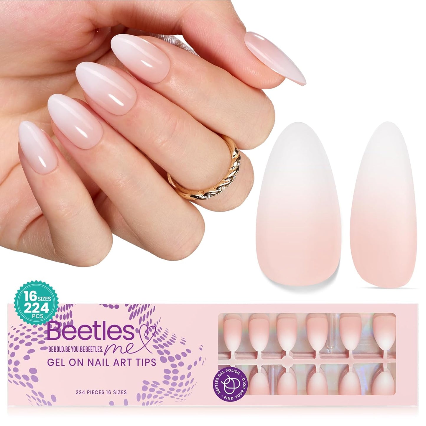 Beetles Ombre Press on Nails: 224 PCS Short Almond Gel Nail Tips, Pink Press ons Pre-applied Primer & Base Coat Glue on Nail Tips, No Need to File Fake Nails DIY Nails Gifts for Women
