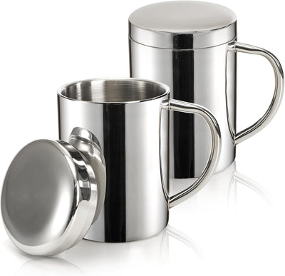 Yesland 2 Pack 13.5 oz Stainless Steel Double-Walled Metal Mugs, Insulated Coffee Cup with Lid and Handle, Thermal Camping Mugs for Coffee, Milk, Juice, Tea and Cold or Hot Drinks