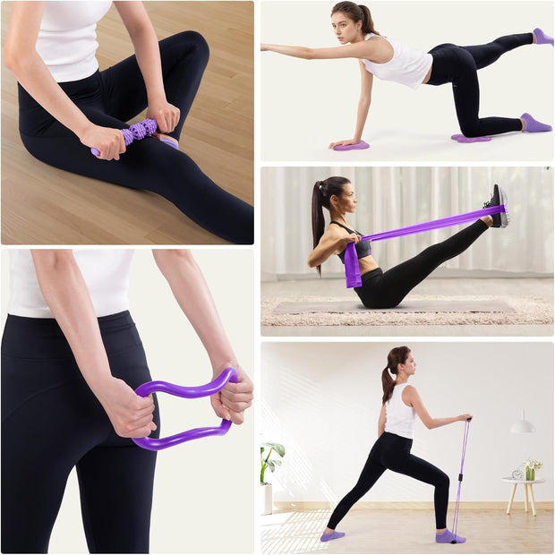 Pilates Ring Circle Fitness Set 17 pcs Equipment Accessories Workouts Includes Pilates Ball Magic Circle Yoga Ring Knee Pads and Resistance Bands for Women Set Gift for Women Weight Loss