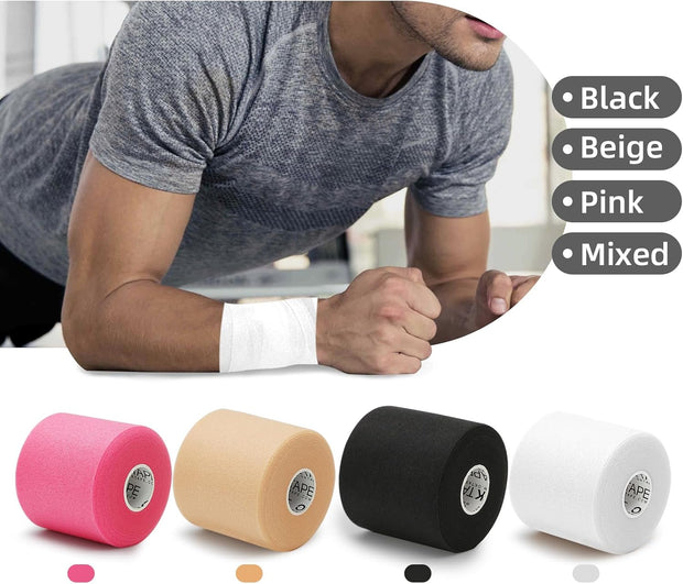 OK TAPE Pre Wrap Tape (4-Rolls) - Athletic Foam Underwrap for Sports, Protect for Ankles Wrists Hands and Knees, 2.75 Inches x 30 Yards - Black/Pink/Beige/White