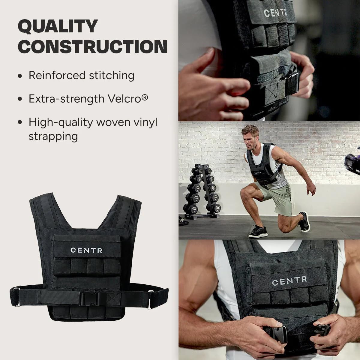 Centr Adjustable Weighted Vest 20lbs for Men & Women – Workout, Running, Strength Training, Fitness, Weightlifting & Muscle Building Vest with Sand Bag Weights, Slim Design