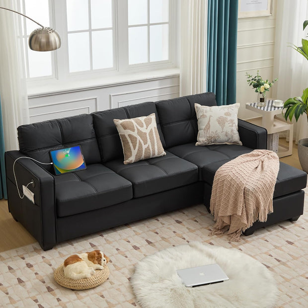 TYBOATLE 88" W Black Faux Leather Sofa Couches for Living Room, Mid-Century Modern Tufted Comfy Small Loveseat w/USB and Wide Arms, 3 Seater Office Cloud Couch for Small Space Apartment Bedroom