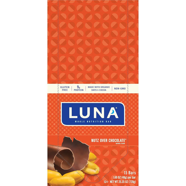 LUNA Bar - Nutz Over Chocolate Flavor - Gluten-Free - Non-GMO - 7-9g Protein - Made with Organic Oats - Low Glycemic - Whole Nutrition Snack Bars - 1.69 oz. (15 Count)