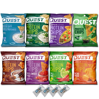 Quest Protein Chips Variety Pack – 8-Flavors + 4 MIMM MInts | High Protein 18-20g Per Bag | Keto Snacks, Baked, Crunchy, Gluten Free, and Low Calorie Snacks | Bundled by Mix It Up Munchies | Healthy Gift Snack Box Variety Pack
