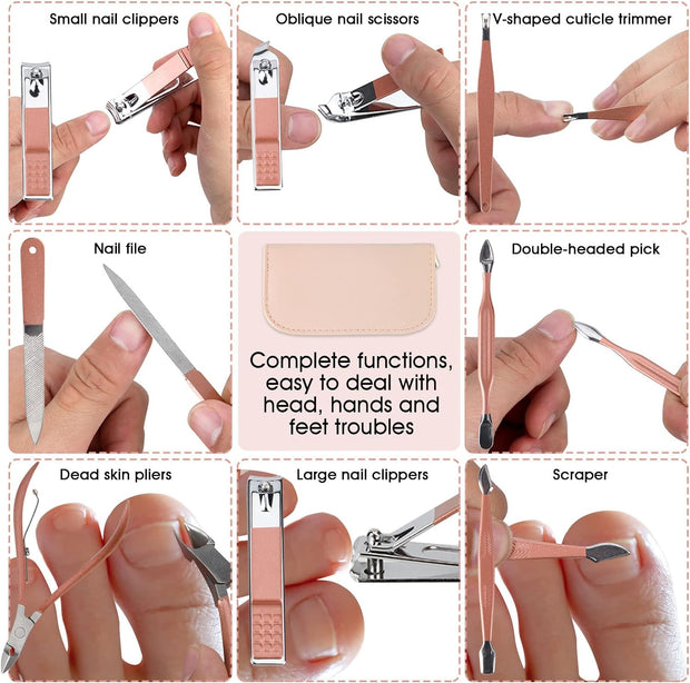 Nail Clippers and Beauty Tool Portable Set, Rose Gold Martensitic Stainless Steel Manicure Set 12 in 1, with Pink Leather Bag, Suitable for Home, Workplace, Outdoor Travel, Gift Giving, Salon.