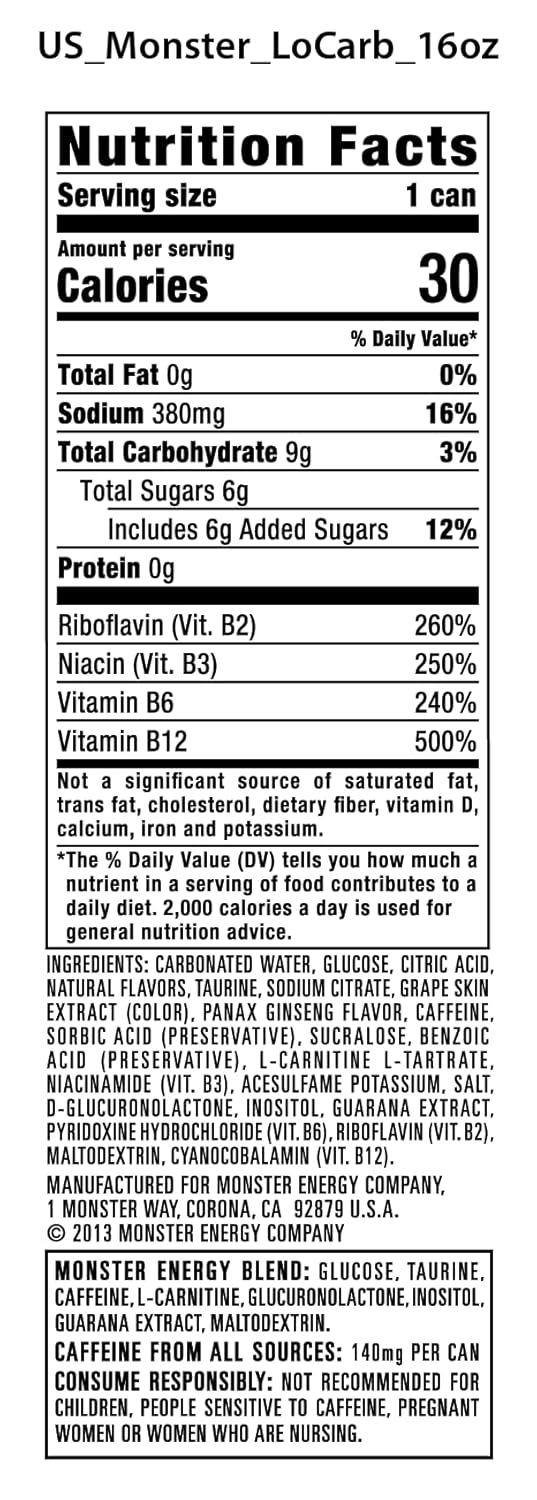 Monster Energy, Lo-Carb Monster, Low Carb Energy Drink, 16 Ounce (Pack of 15)