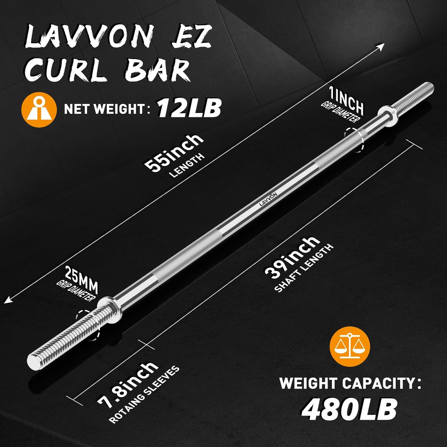 55" Weight Lifting Bar, 1" Standard Straight Barbell Bars for Weight lifting, Olympic Barbell Bar for Bench Press/Hip Thrusts/Squats/Lunges for Gym and Home, 2 Star Star-nuts (480lb Weight Capacity)