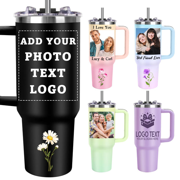 Personalized Coffee Tumbler with Picture Text Logo, Custom 20oz Insulated Stainless Steel Travel Mug with Lids, Personalized Birthday Gifts for Women Men, Custom Coffee Tumbler Cup