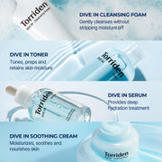 Torriden DIVE IN Trial Kit | Hyaluronic Acid Infused Daily Skincare Kit - 4 Step Regimen with Foam Cleanser, Facial Toner, Serum, and Cream | Korean Skin Care Travel Kit, Travel Essential