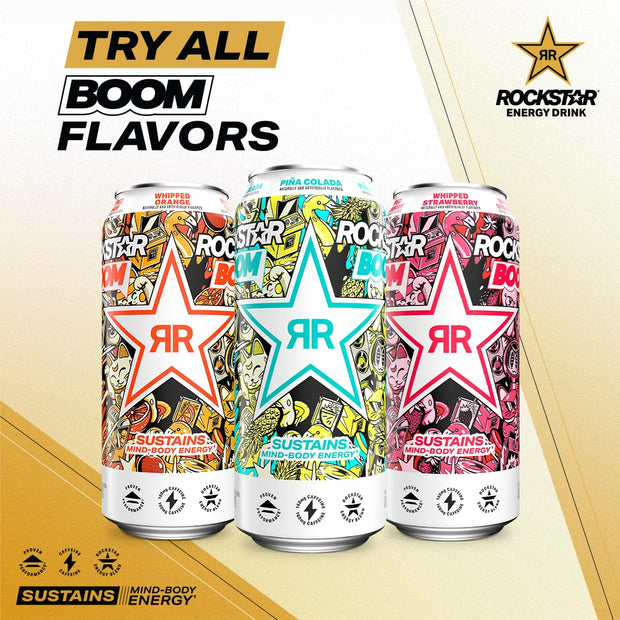 Rockstar, Boom Energy Drink with Caffeine and Taurine Packaging May Vary, Whipped Strawberry, 16 Fl Oz (Pack of 12)