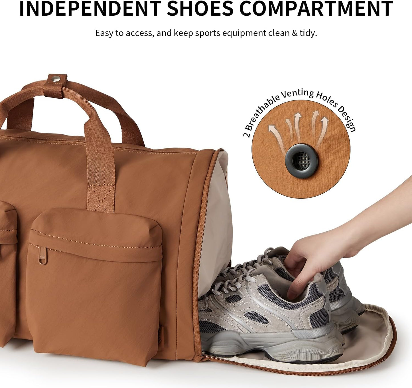 Aji Gym Bag for Women Men with Shoes Compartment, 3 in 1 Carry on Travel Duffel Bags with Trolley Sleeve, Lightweight&Water Resistant Gym Duffel Bag for Travel, Sports, Fitness & Workout(Warm Brown)